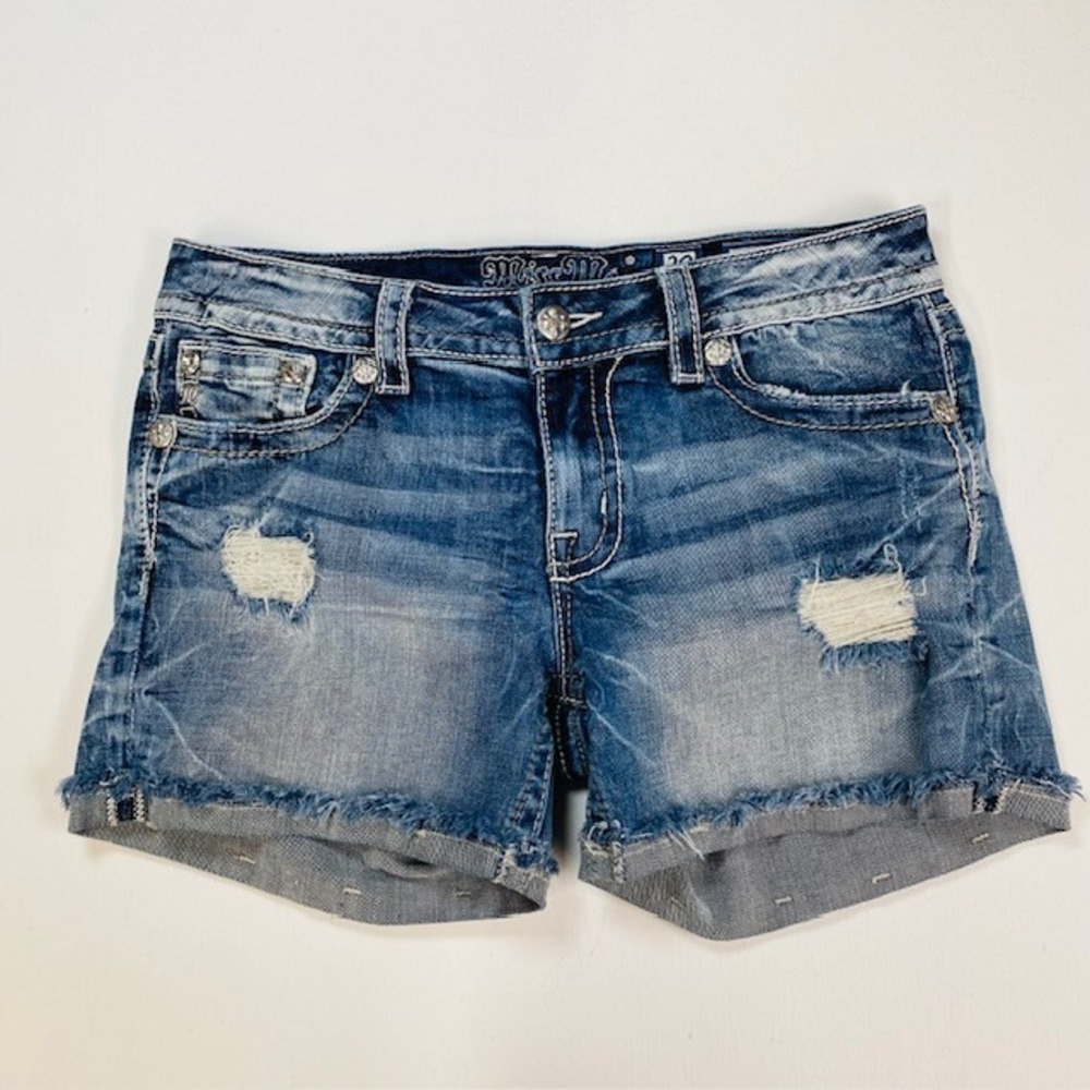 Miss Me Signature Short 29 Distressed Denim Cutoff Rhinestone Low Rise JE3048H2